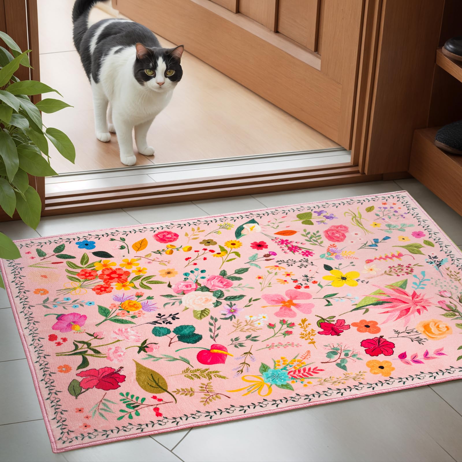 Photo 1 of Boho Floral Entryway Rug 2x3, Washable Small Mat for Bathroom and Kitchen, Non Slip Front Door Mat Indoor Entrance, Vintage Style Flower Mat with Rubber Backing, Soft Area Rug for Entry Way (Pink)