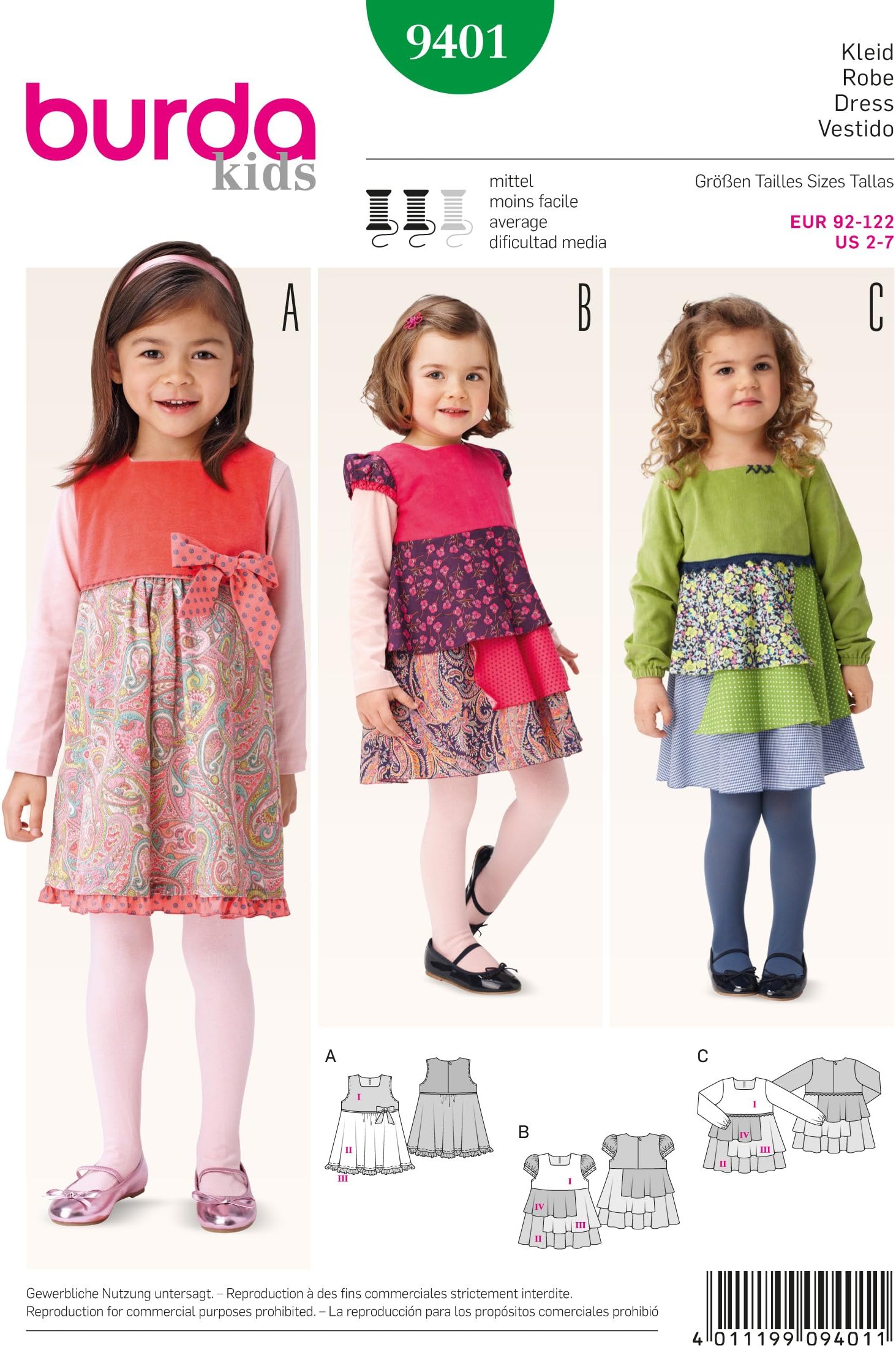 BURDA KIDS9401 GIRLS DRESS (3 STYLES) SIZE: 2-7 ~ SEWING PATTERN