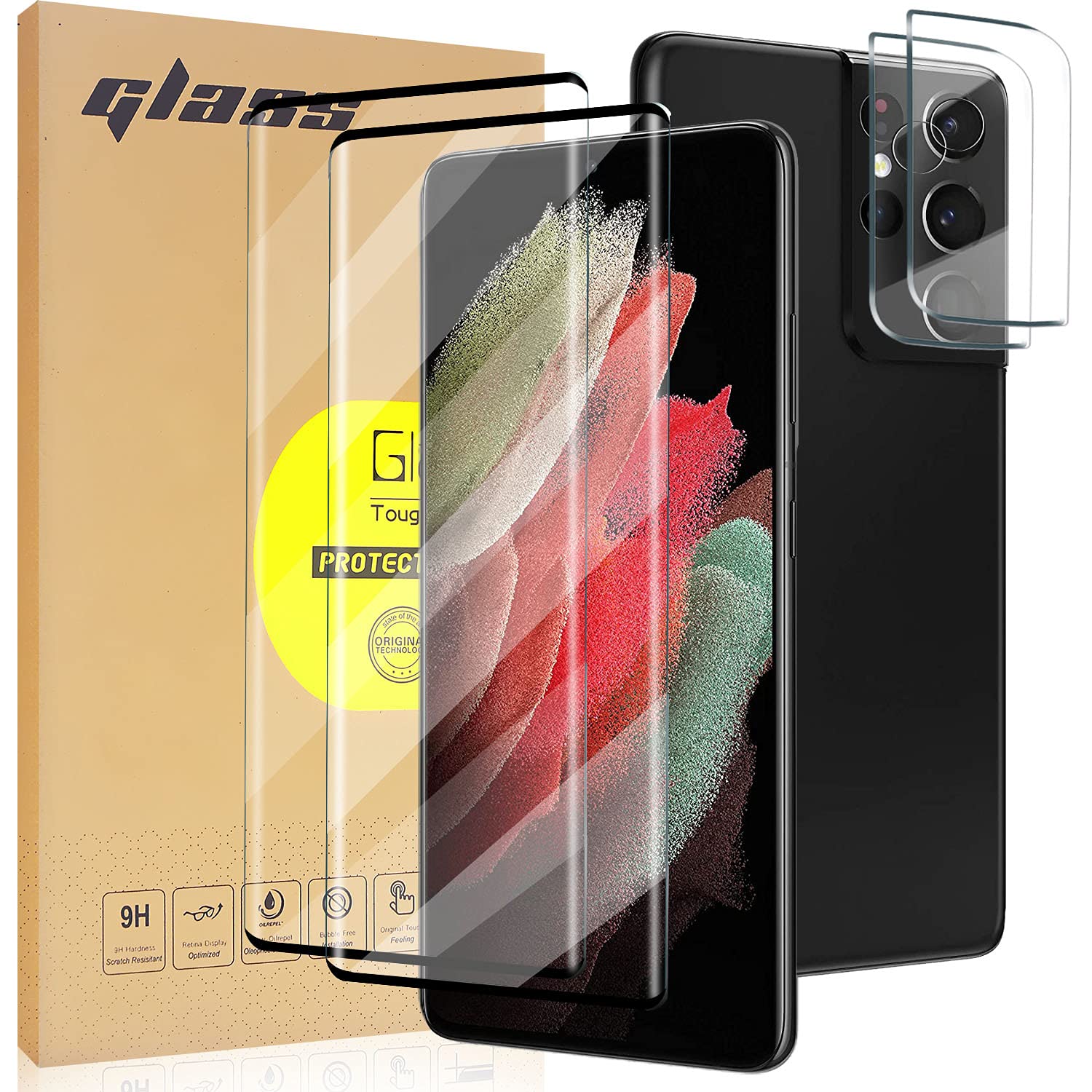 Photo 1 of 2 Pack Curved Tempered Glass Screen Protector Applicable for Samsung Galaxy S21 Ultra 5G 6.8inch + 2 Pack HD Camera Lens Protector, Support Fingerprint ID Friendly Tempered Glass Screen Protective