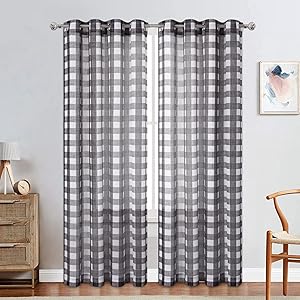 CAROMIO Buffalo Plaid Sheer Curtain Panels, Plaid Voile Curtains Semi Sheer Panel Drapes Farmhouse Decor Window Treatment for Living Room Bedroom, 52