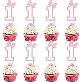 Ercadio 24Pcs 1st Birthday Cupcake Toppers Glitter Pink Bow First Birthday One Cupcake Picks for Pink Bow Baby Girls 1st Birthday Anniversary Cake Decorations Supplies