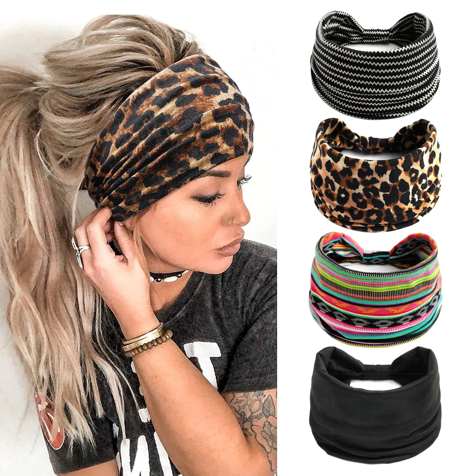 Kavya Head Scarfs for Women, Elastic Soft Boho Headband Flower Leopard Yoga Sport Hairbands, Headbands For Women's Hair(A)