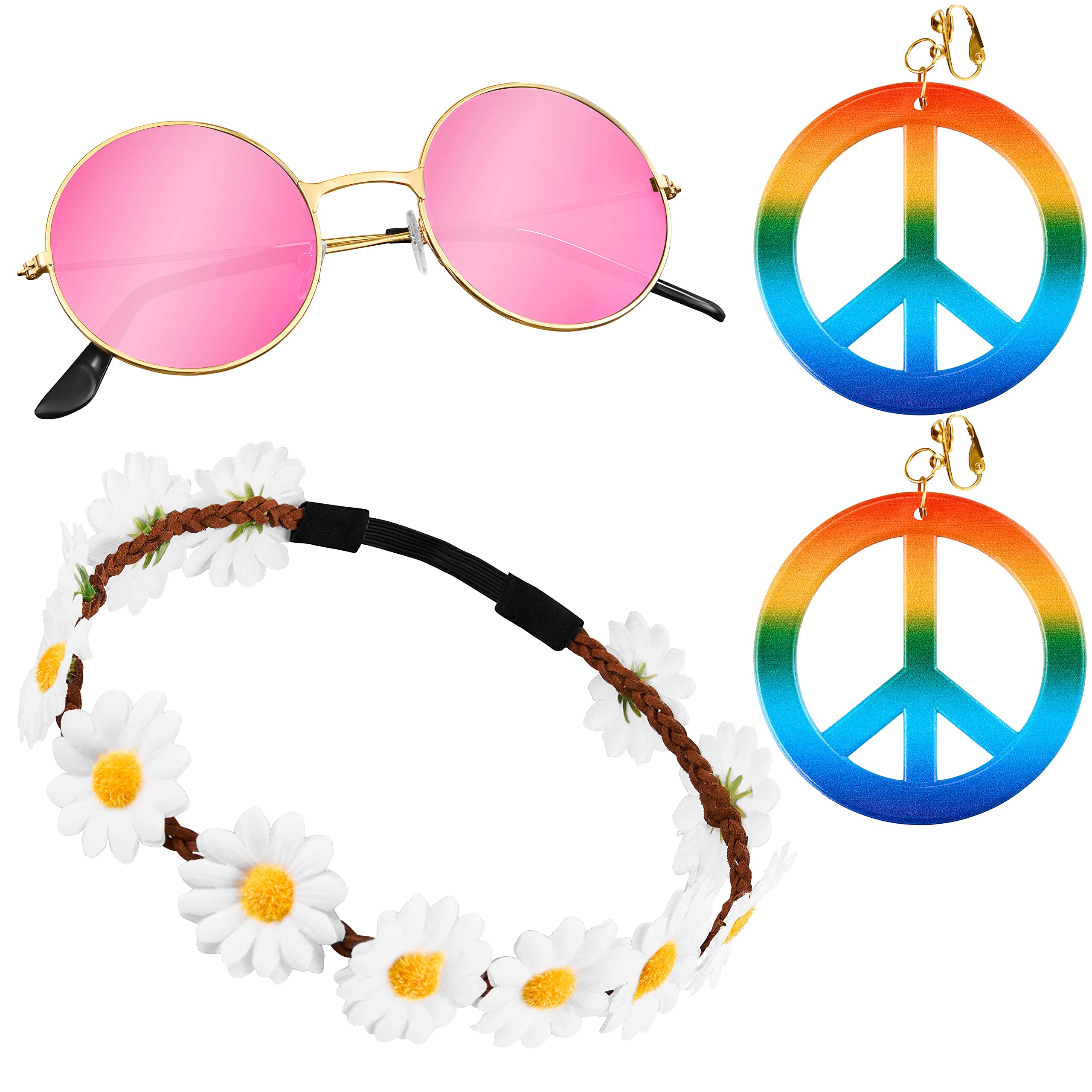 Balinco 3-Piece Hippie Set with Flower Headband | Round Nickel Sunglasses with Pink Lenses | Rainbow Peace Earrings