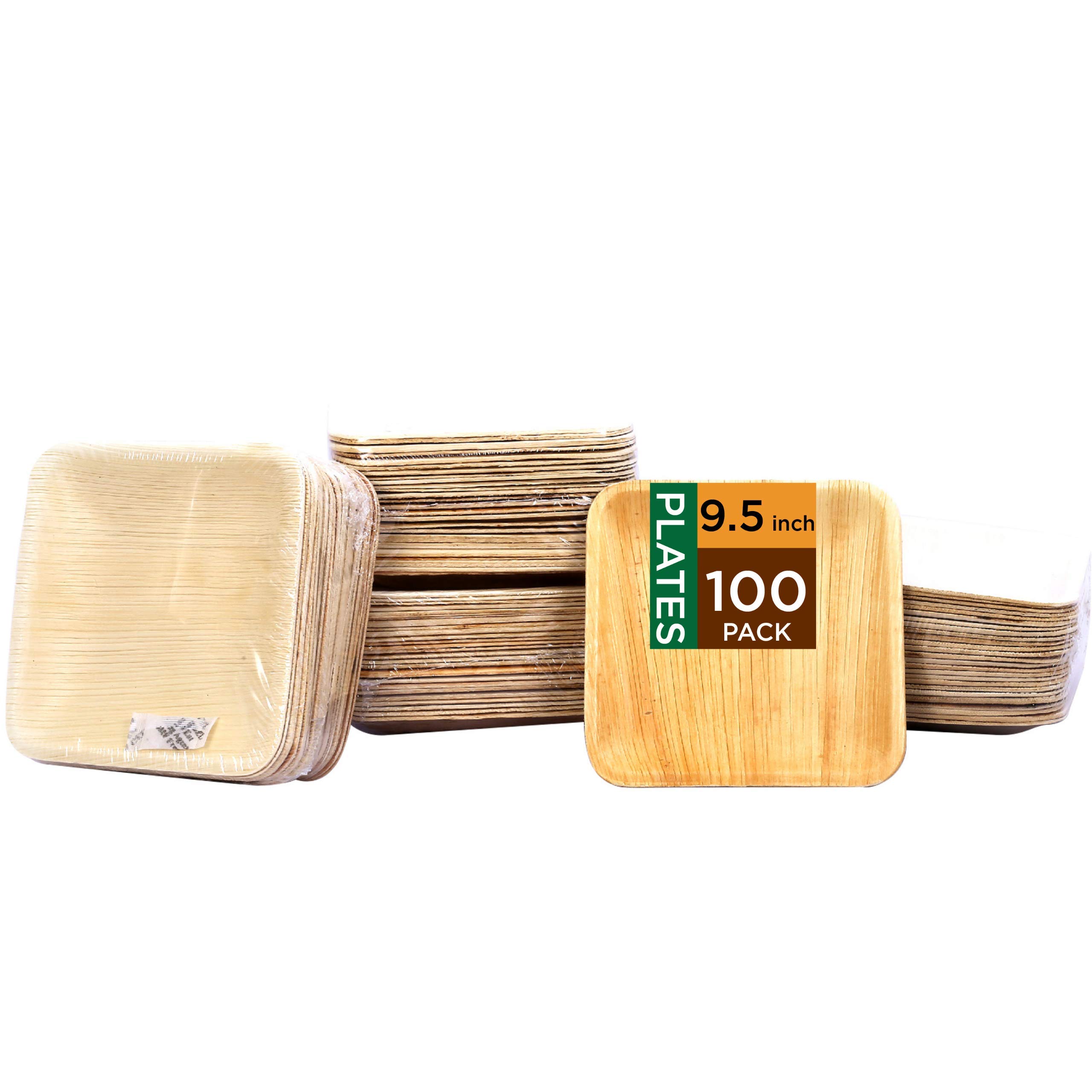 Raj Disposable Palm Leaf Plate [100-Pack] Large Square Plates Strong and Reusable Party Plate Like Bamboo Plates - Decorative Compostable Tableware for Lunch, Dinner, Birthday, Camping