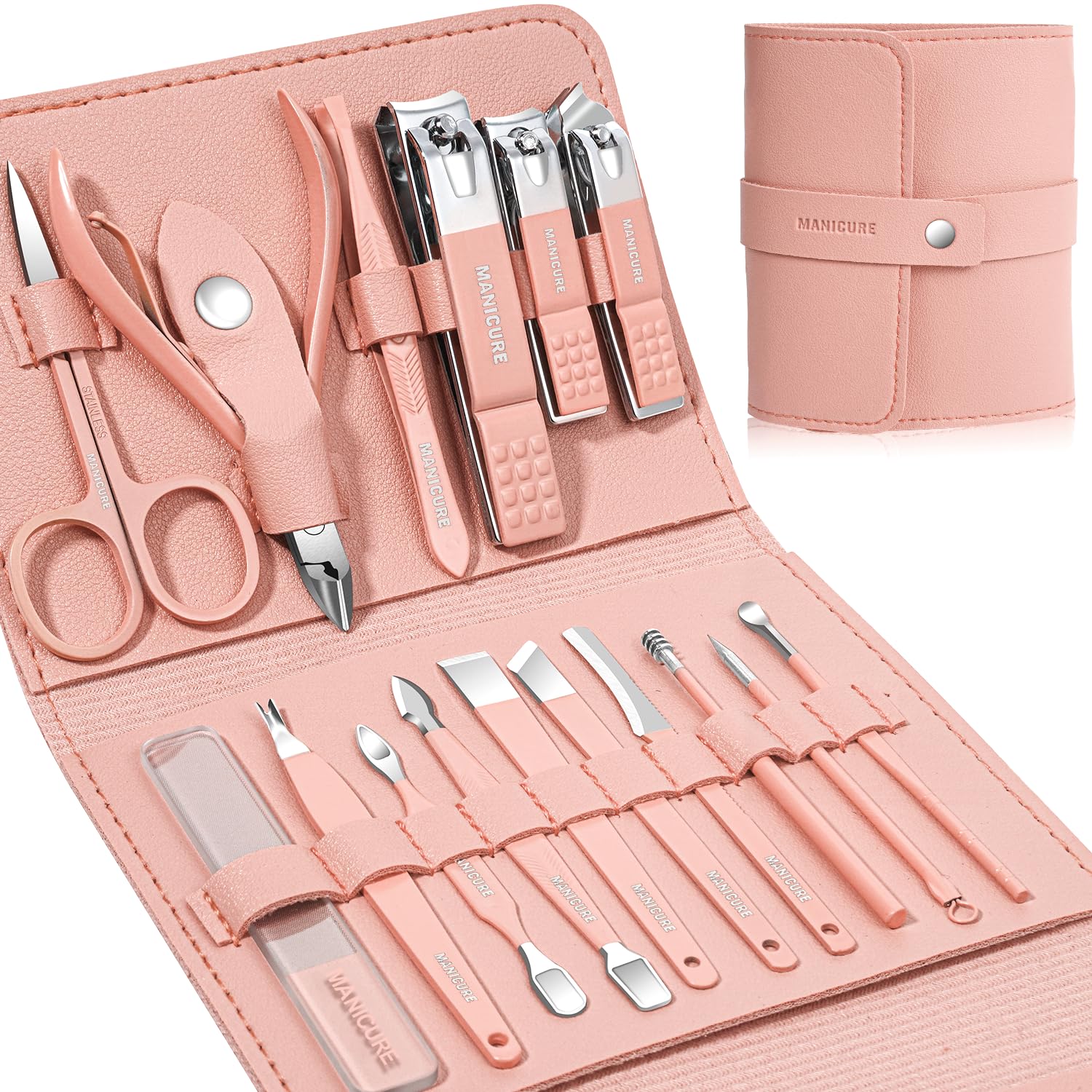 Photo 1 of Manicure Set Professional Nail Clippers Pedicure Kit, 16 pcs Stainless Steel Nail Care Tools Grooming Kit with Luxurious Travel Leather Case for Thick Nails Men Women Gift (Pink)