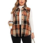 ZOMVA Plus Size 1X-5X Women's Flannel Plaid Long Vest Button Down Sleeveless Jacket Shacket Coat Casual Fall Fashion Outfits