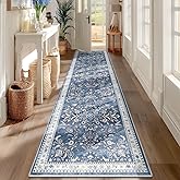 Yamaziot Washable Runner Rug 2x8 – Non Slip Boho Floral Hallway Runner Rug with Rubber Backing, Low Pile Wool Distressed Carpet for Kitchen, Laundry, Bedroom, Entrance, Blue