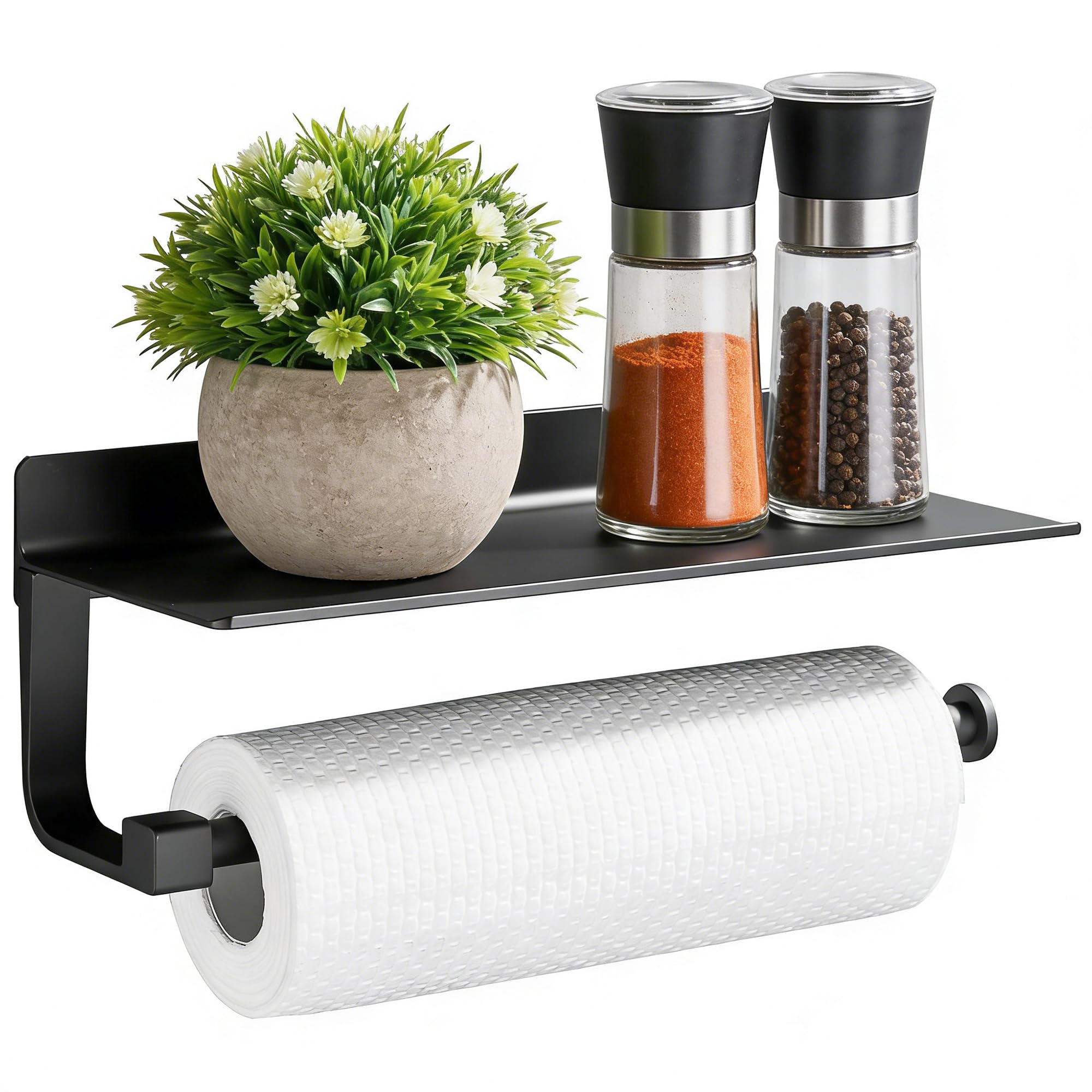 GRICOL Kitchen Roll Holder Adhesive Paper Towel Holder with Spacious Shelf Roll Tissue Dispenser Wall Mounted No Drilling for Kitchen Bathroom Black