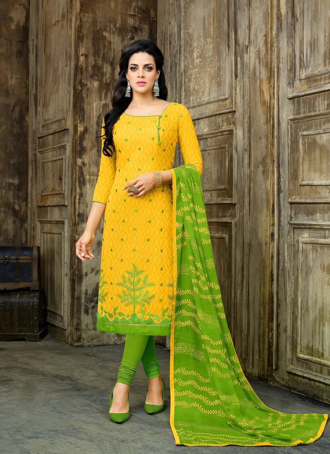 applecreation women's cotton jacquard unstitched dress material (yellow_free size)