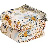 Wzvzss Boho Throw Blanket - 100% Cotton Throw Blankets for Bed Couch, 50"x60" Soft Muslin Lightweight Fall Throw Blanket, Cozy Floral Butterfly Printed Bohemain Bedding Decor Beige Throw Quilt