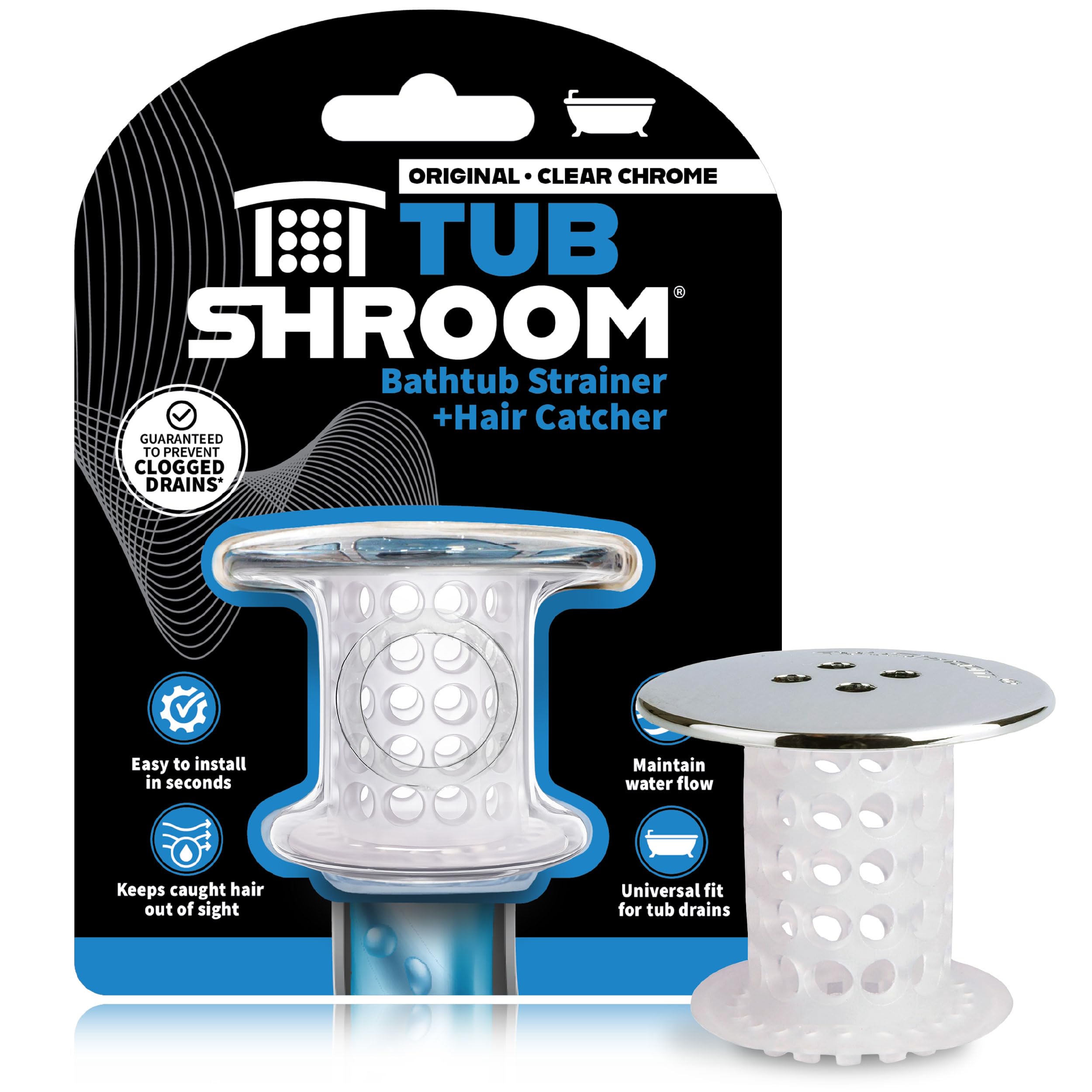 TubShroom Tub Drain Protector Hair Catcher Strainer Snare Silicone Chrome Standard