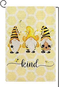 ORTIGIA Bee Kind Gnomes Garden Flag Burlap Vertical Double Sided Farmhouse Spring Holiday Seasonal Home Decor for Yard Lawn Patio Outdoor 12.5 x 18 Inch