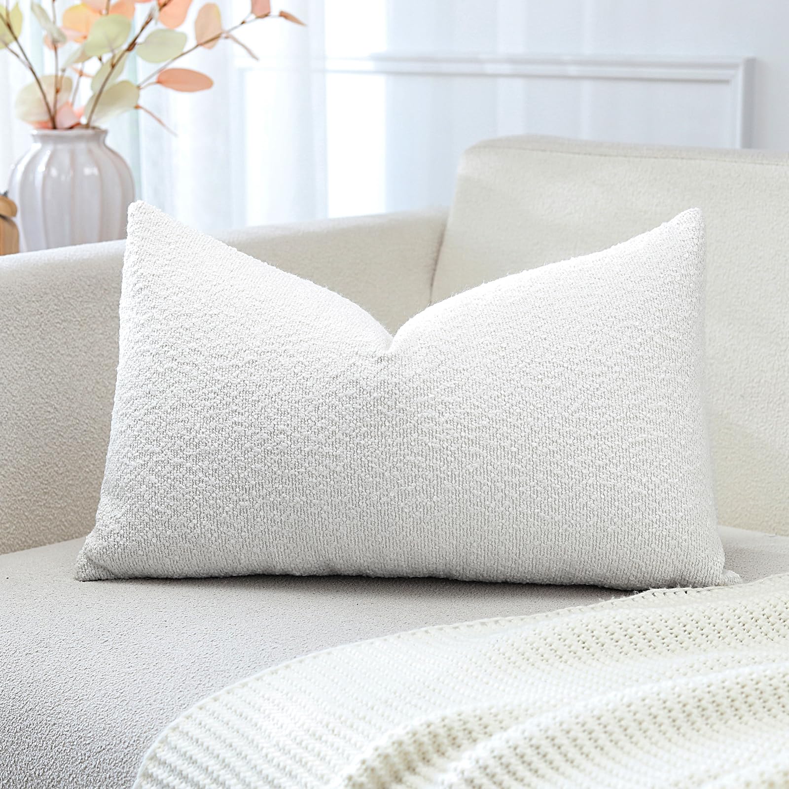 Artscope Pack of 1 Textured Boucle Cushion Covers Lumbar Pillow Cases Cozy Soft Decorative Couch Pillow Covers for Chair Sofa Bedroom Living Room Home Decor 30x50cm, Ivory White