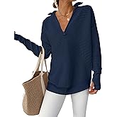 ANRABESS Womens Long Sleeve Quarter Zip Pullover Sweater Casual Loose V Neck Collared Ribbed Knit Jumper Tops Thumb Hole