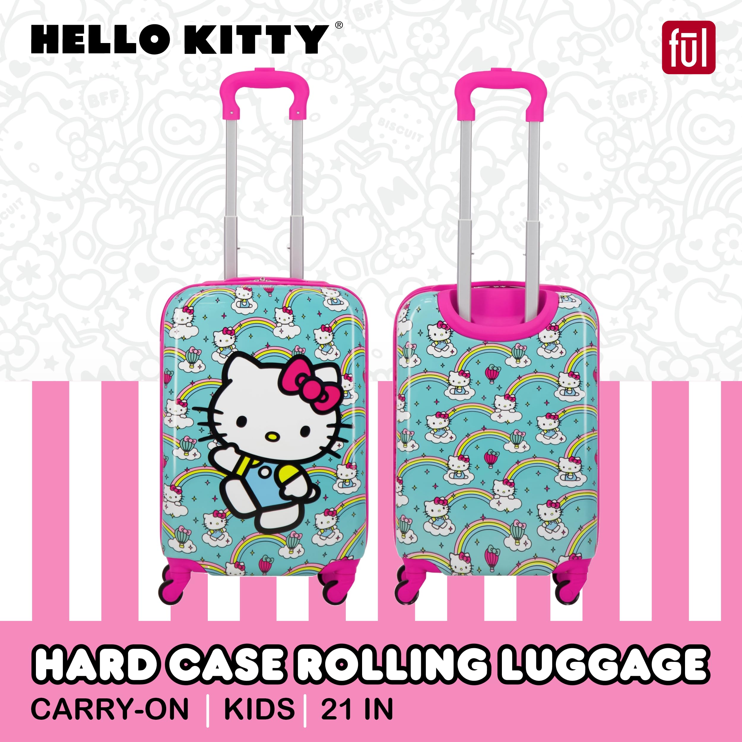 FUL Unisex Kid's Hello Kitty 21 Inch Carry On Luggage, Hardshell Rolling Suitcase with Spinner Wheels, Multi
