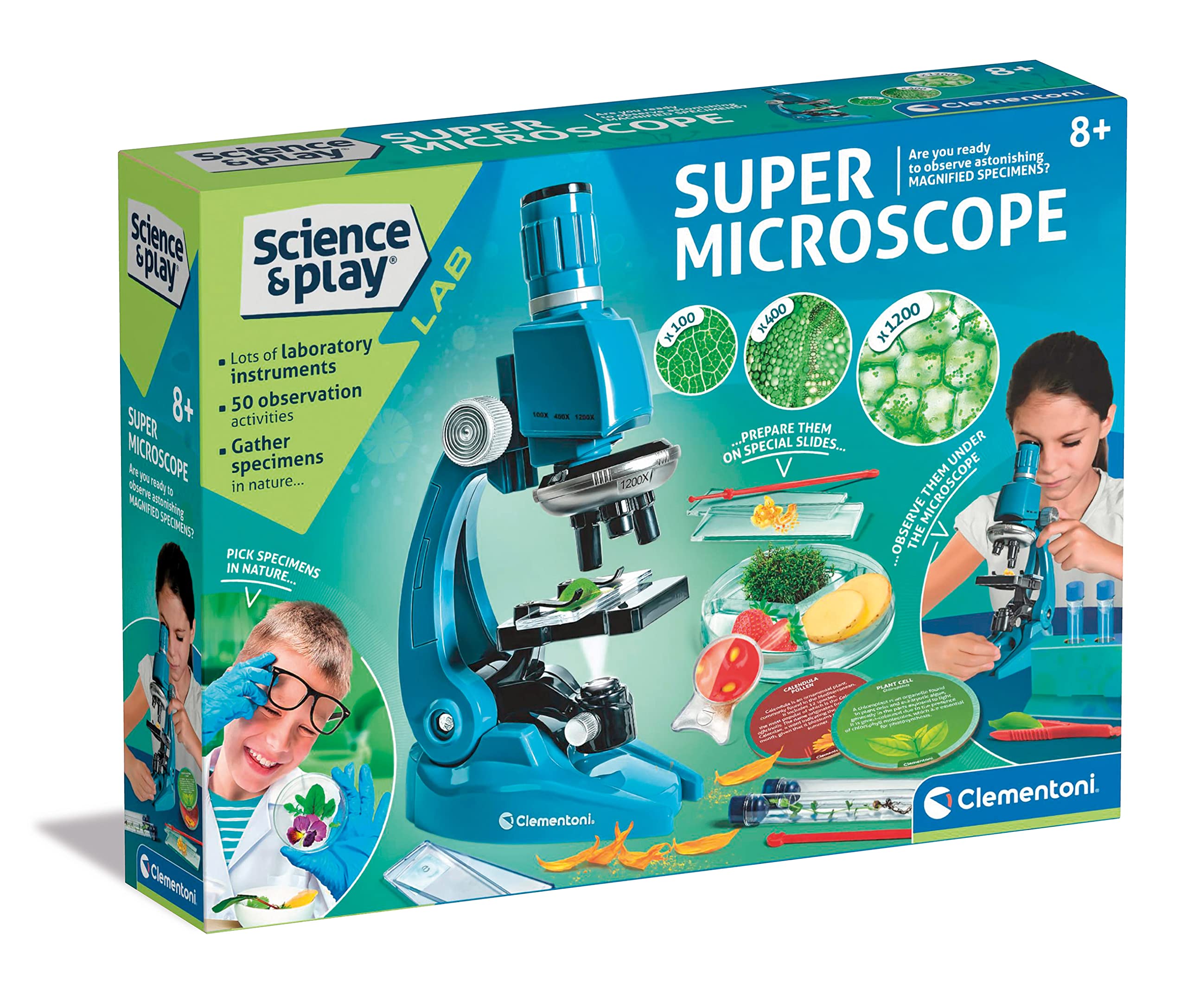 Clementoni- Super Microscope Set: Scientific Experiments Kit for Kids, Magnify Up to 1200x! (8+ Years)