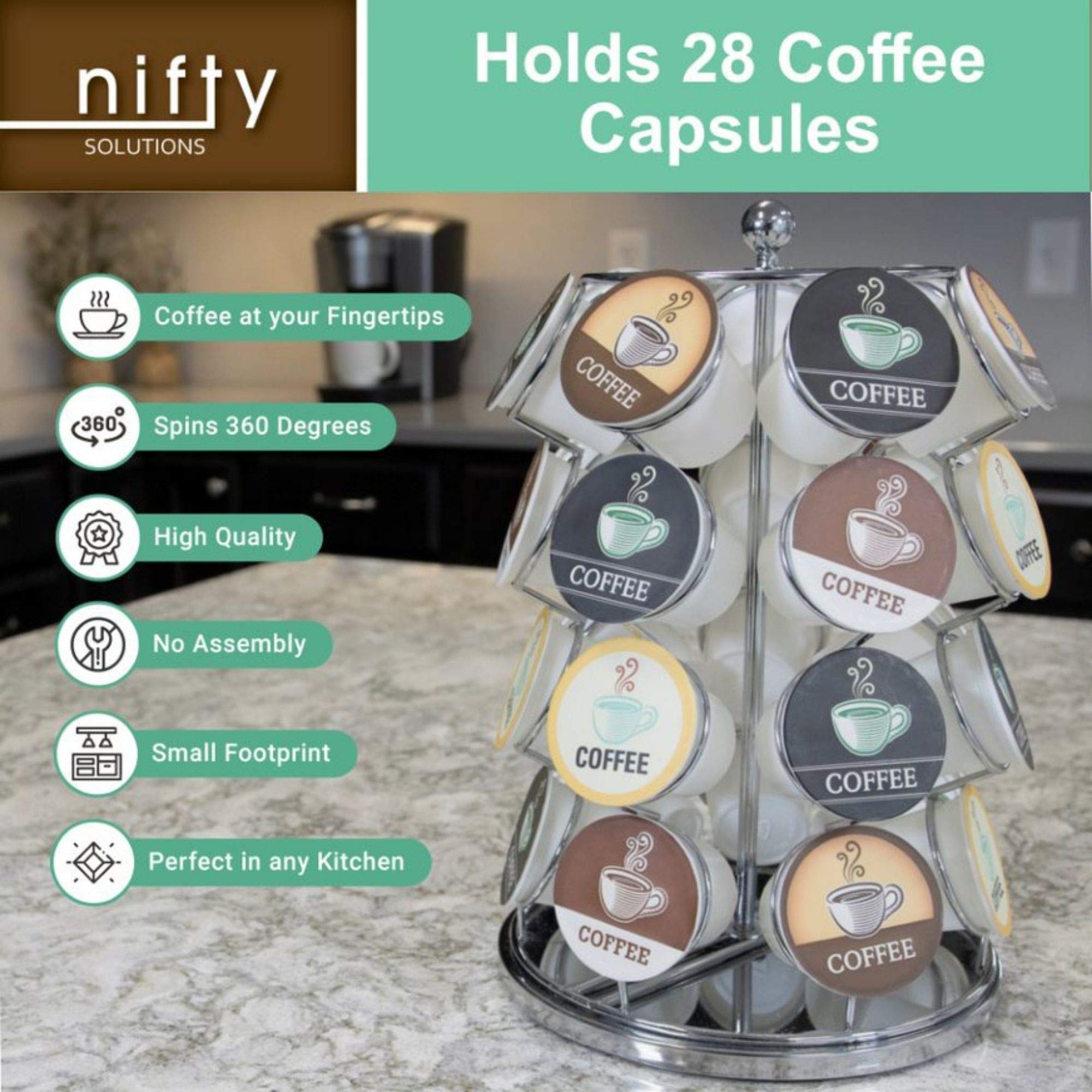 Nifty K Cup Holder – Compatible with K-Cups, Coffee Pod Carousel | 28 K Cup Holder, Spins 360-Degrees, Lazy Susan Platform, Modern Chrome Design, Home or Office Kitchen Counter Organizer