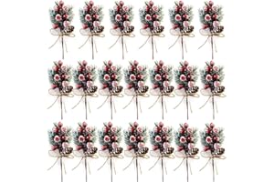 KLEWEE 20 Pcs Christmas Floral Picks, 7.8 inch Snowy Holly Christmas Red Berry Picks Stems, Christmas Picks and Sprays Artificial Pine Picks with Pine Cones for Crafts, Wreath, Garland, Xmas Tree