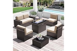 LayinSun 7 Pieces Outdoor Patio Furniture Set with 44" Fire Pit Table Brown Rattan Sectional Sofa Conversation Sets