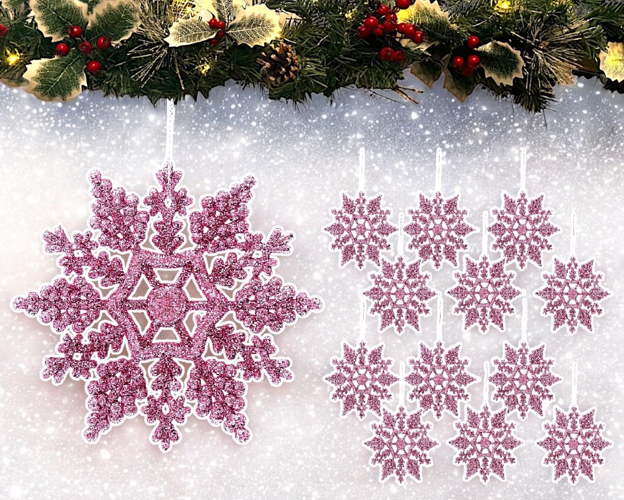 12pk Glitter Snowflake Hanging Decorations, Christmas Tree Snowflake Baubles/Ornaments (Blush Pink)