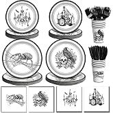 Vesici 144Pcs Halloween Gothic Paper Plates Napkins Cups Set | Disposable Vintage Skull Spider Tableware, with Forks Knife and Spoon, Spooky Party Supplies, for Baby Shower Birthday Decor