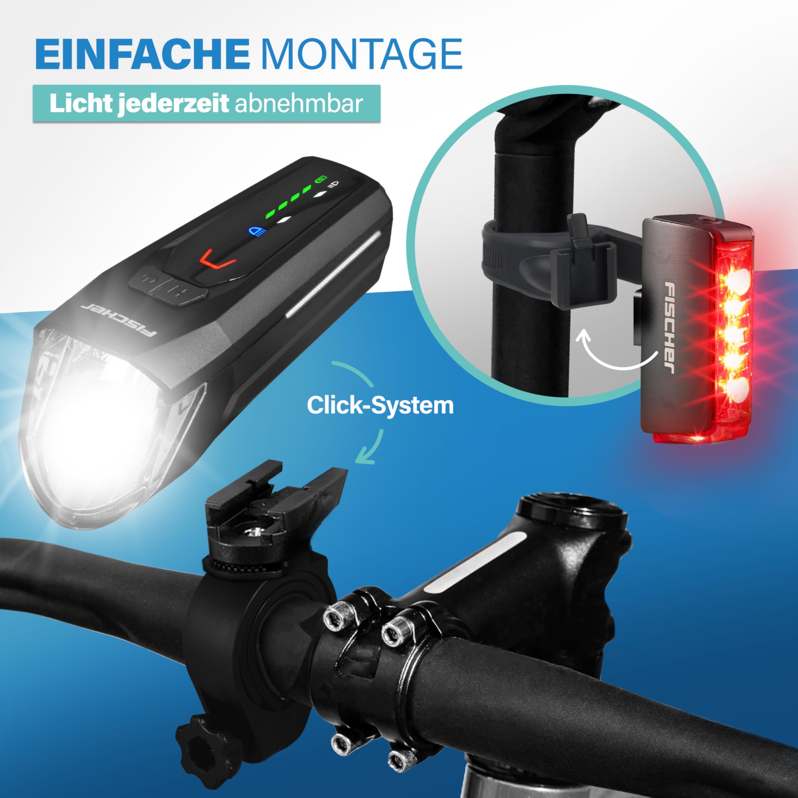 FISCHER Fahrrad LED-Akku Beleuchtungs-Set Twin Stop 100 +80 Lux Fernlicht, mit Sensormodus, Lange Leuchtdauer, stabiles Aluminium-Gehäuse, schwarz, 1 Stück 6
