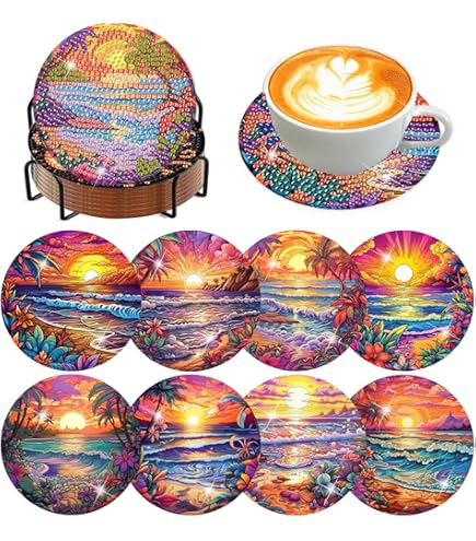 Juego De 12 Posavasos De Pintura De Diamantes 5D Con Soporte, Juego De Posavasos De Arte De Diamante Para Bebidas, Mesa De Café, Kit De Pintura De Diamante Para Principiantes Y