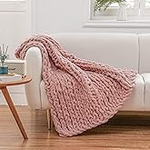 WESHIONGOO Chunky Knit Blanket Throw 40"×40" Knitted Throw Blankets for Couch Bed Fluffy Soft Blanket with Jumbo Chenille Yarn Thick 100% Handmade(Pink)