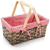 Yesland Small Picnic Basket, Woven Basket with Double Folding Handles, Wicker Basket &amp; Organizer Blanket Storage with Red and White Liner for Egg Gathering, Wedding, Candy (13.5 x 8.25 x 6.5 Inches)