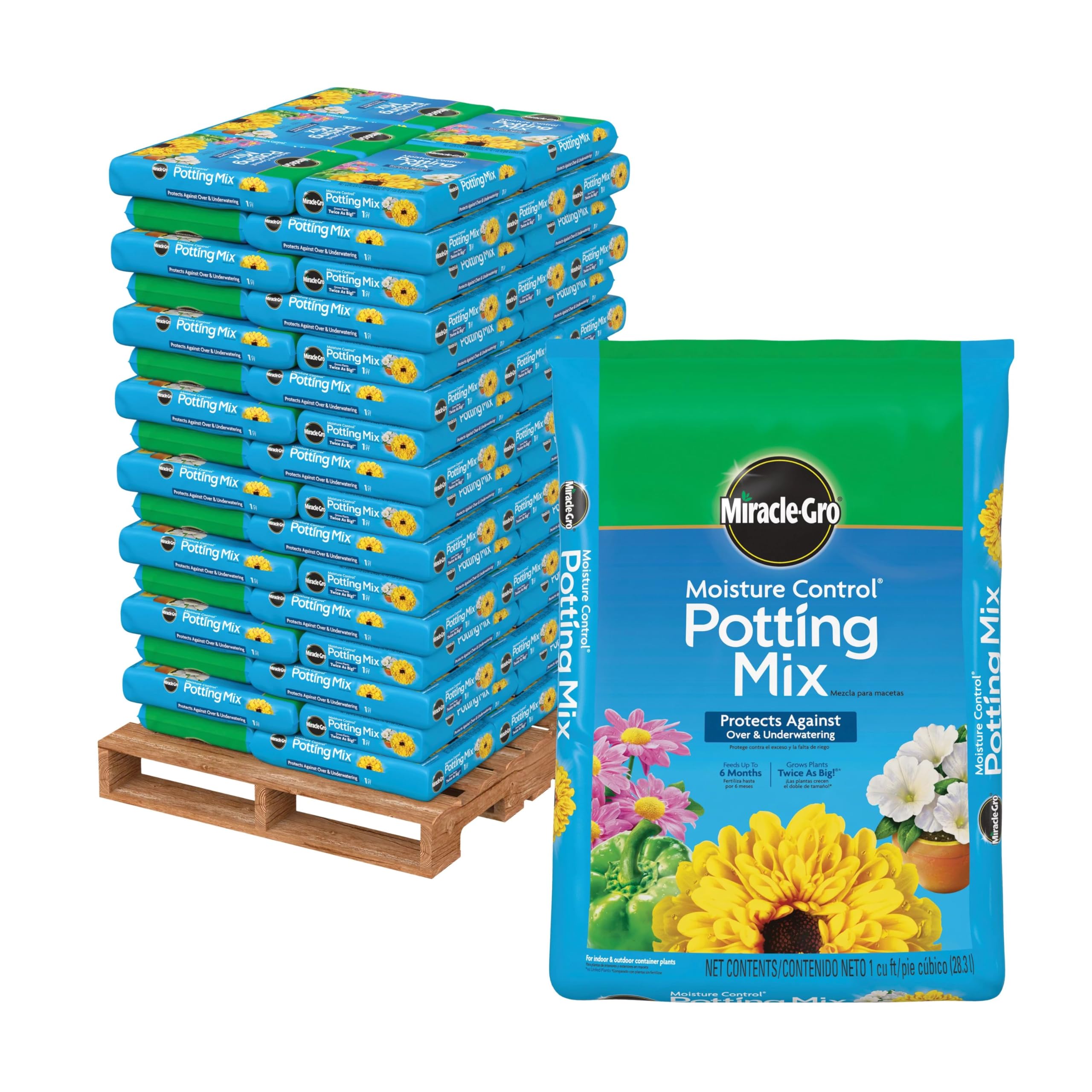 Miracle-Gro Moisture Control Potting Mix Bulk Pallet, for Container Plants, Protects Against Over- and Under-Watering, 1 cu. ft. Bags, Pallet of 80 Image Miracle-Gro Moisture Control Potting Mix Bulk Pallet, for Container Plants, Protects Against Over- and Under-Watering, 1 cu. ft. Bags, Pallet of 80 Image