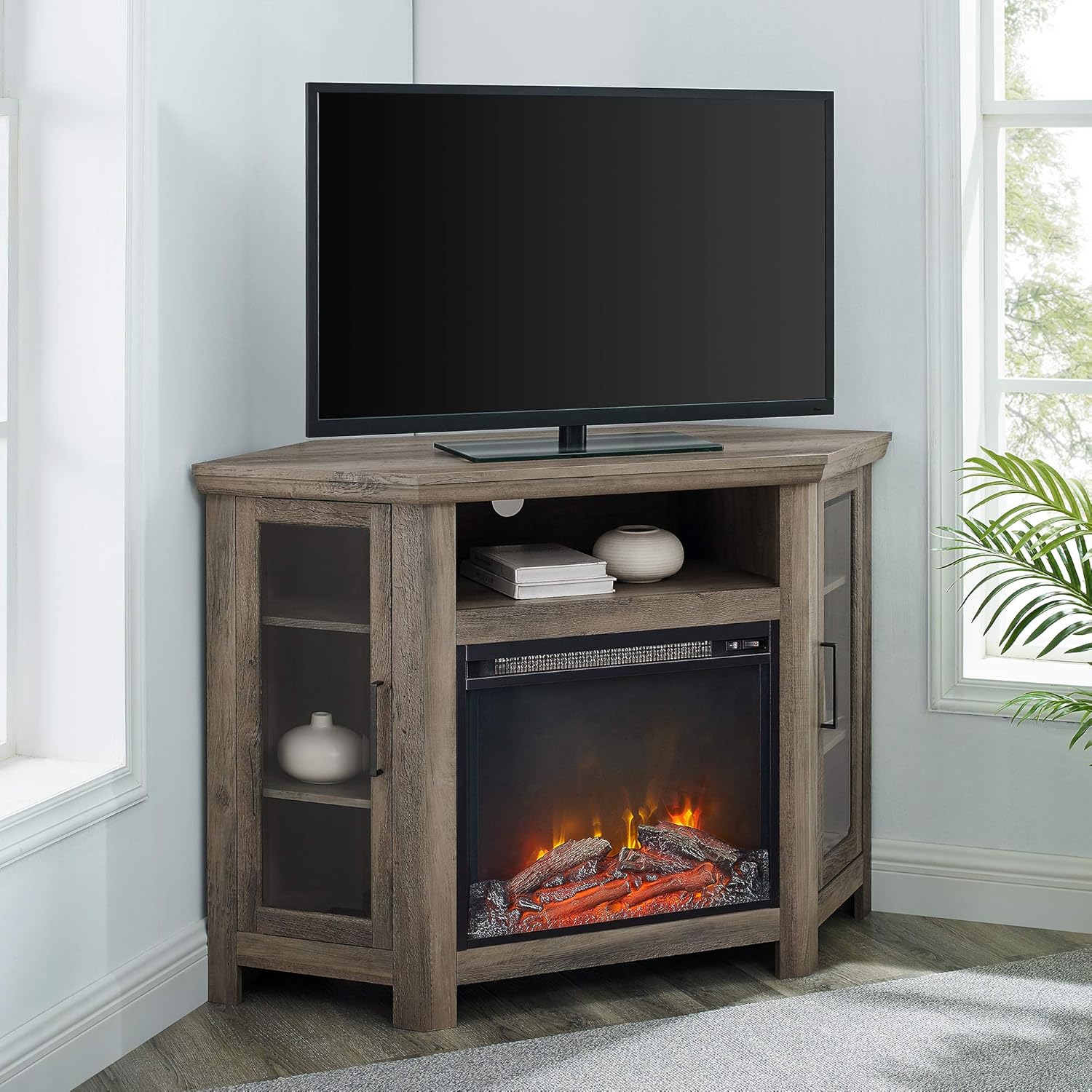 Walker Edison Alcott Classic Glass Door Fireplace Corner TV Stand for TVs up to 55 Inches, 48 Inch, Grey Wash: Furniture & Decor