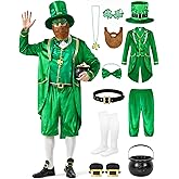 Wabolay St Patricks Day Leprechaun Costume Men 11PCS Green Irish Shamrock Outfit Adult Saint Patricks Party Suit Set Cosplay