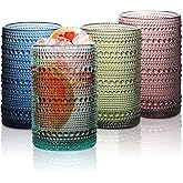 WeirdUncle Set of 4 Hobnail Drinking Glasses,15 oz Colored, Vintage Jupiter Drinking Glasses,Embossed Old Fsahioned Cute Glassware for Beer,Water,Juice,Cocktail,Whiskey,Gift