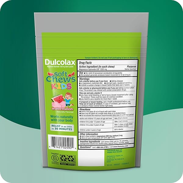 DULCOLAX KIDS SALINE LAXATIVE SOFT CHEWS, STIMULANT-FREE LAXATIVES, GENTLE CONSTIPATION RELIEF FOR KIDS, SOFTENS STOOL, WATERMELON FLAVOR, MAGNESIUM HYDROXIDE 1200 MG, 15 COUNT