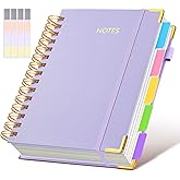 Hardcover Spiral Notebook journal with Removable Dividers Tabs, 300 Pages Leather 5 Subject Notebook College Ruled, 100GMS A5 Notebooks for Work School Note taking,Lined Journal for Women,A5 Purple