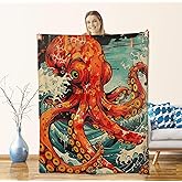 Octopus Blanket for Adults & Kids, Flannel Octopus Throw Blanket, Nautical Kraken Decor, 60" x 50" Soft & Warm