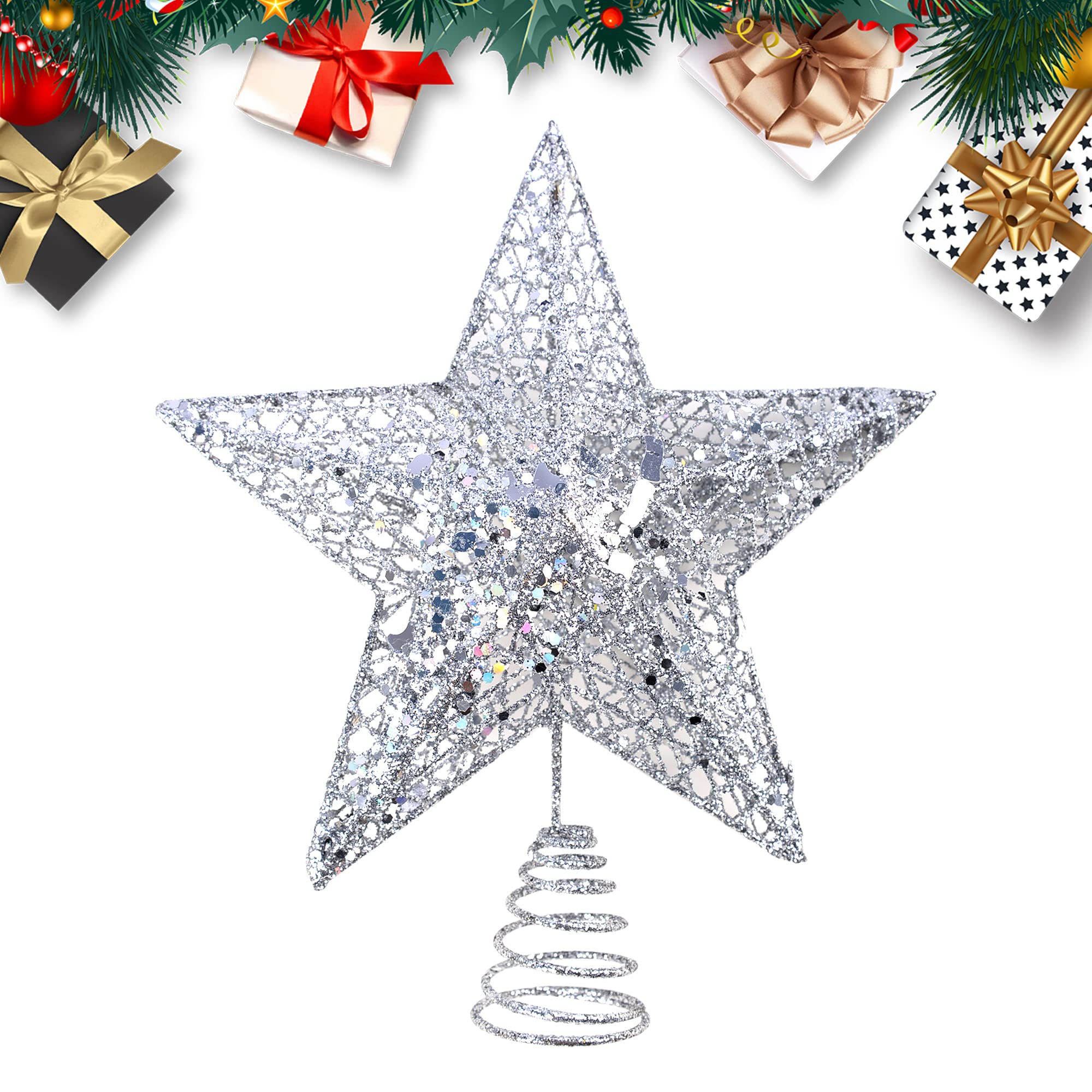 KEYIDO Silver Star for Christmas Tree Christmas Tree Star Topper 25cm/8 inch Xmas Tree Star for Christmas Decorations