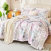 Cmfshape Romantic Patchwork Quilt Set Queen Size,Reversible Bedspread Coverlet 3-Piece,Butterfly Bed Cover Set with Pillow Shams,Lightweight Microfiber Bedding Set for All Season (Pink,90x90)