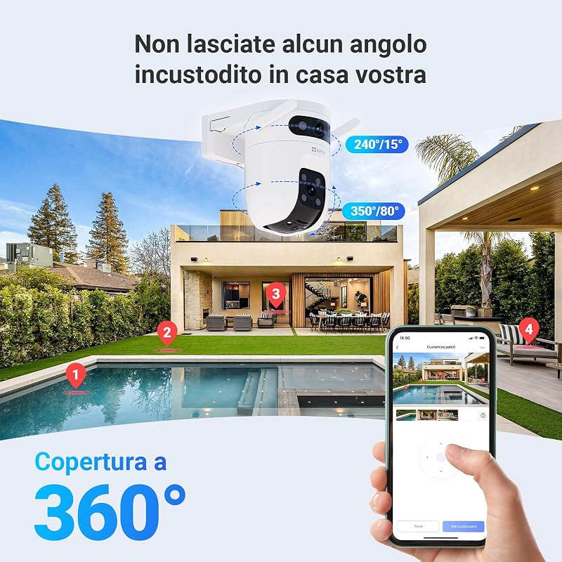 6MP (3MP+3MP) Telecamera WiFi Esterno con Doppia Lente, Telecamera per Esterni a 360°, Visione Notturna a Colori, Rilevamento Persone/Veicoli, Audio Bidirezionale, Impermeabile, C9c Dual 2K