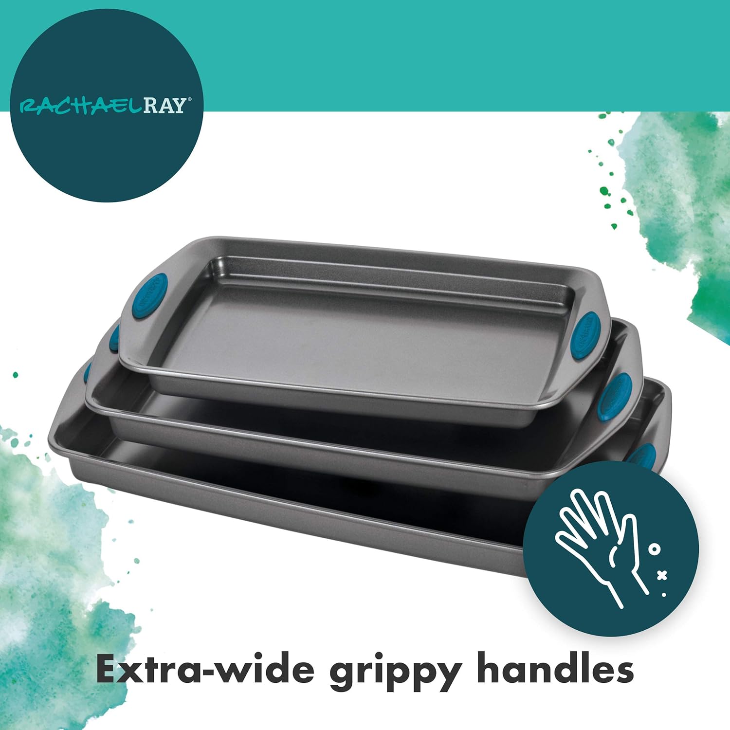 Rachael Ray Bakeware Nonstick Cookie Pan Set, 3-Piece, Gray with Agave Blue Grips: Kitchen & Dining