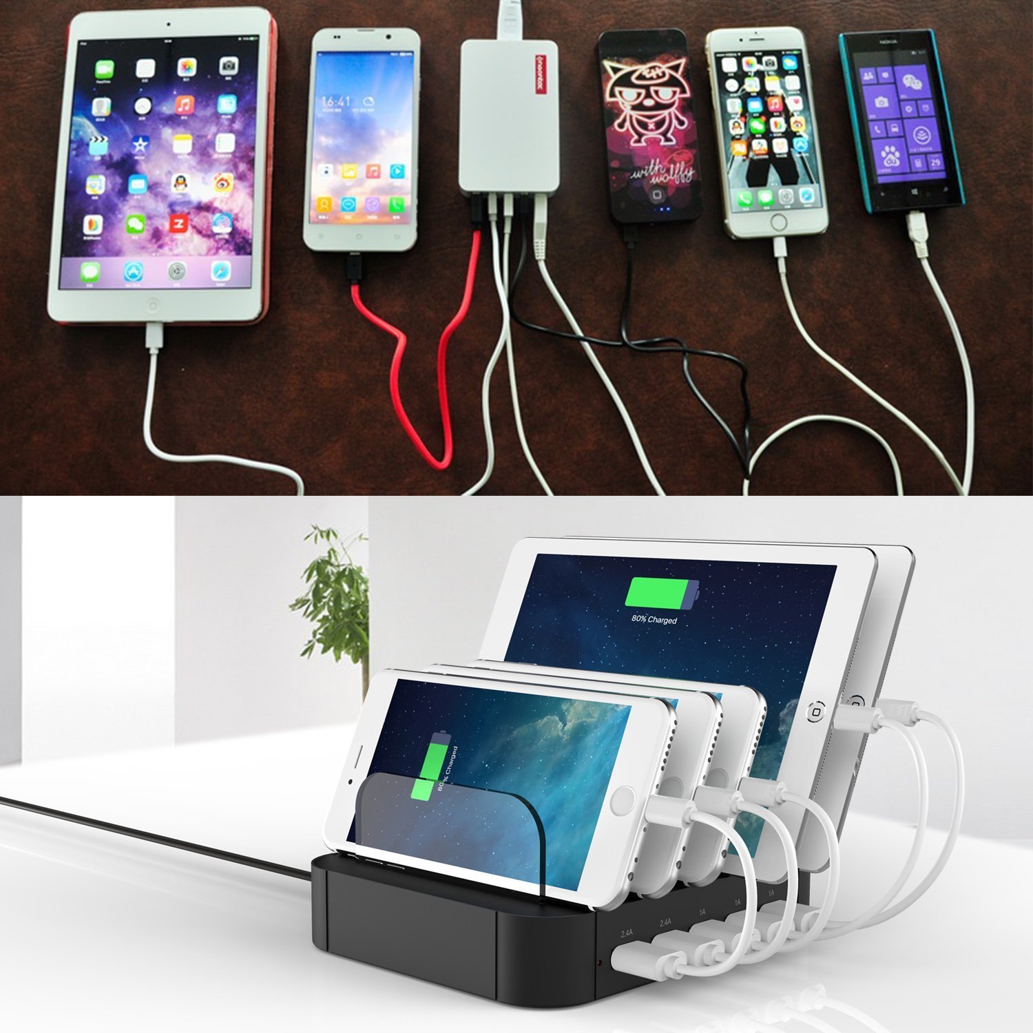 LENPOW 5-Port USB Charging Station Dock Organizer 30W/Max 2.4A Detachable Universal USB Charger Multi devices Desktop charging Stand, iSmart Tech, Innovative Removable Baffles for iPhone iPad Tablets