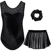 Gogokids Velvet Gymnastics Leotards for Girls Mesh Collar Ballet Leotards Dance Unitards with Skirt Combo for 3-12 Years