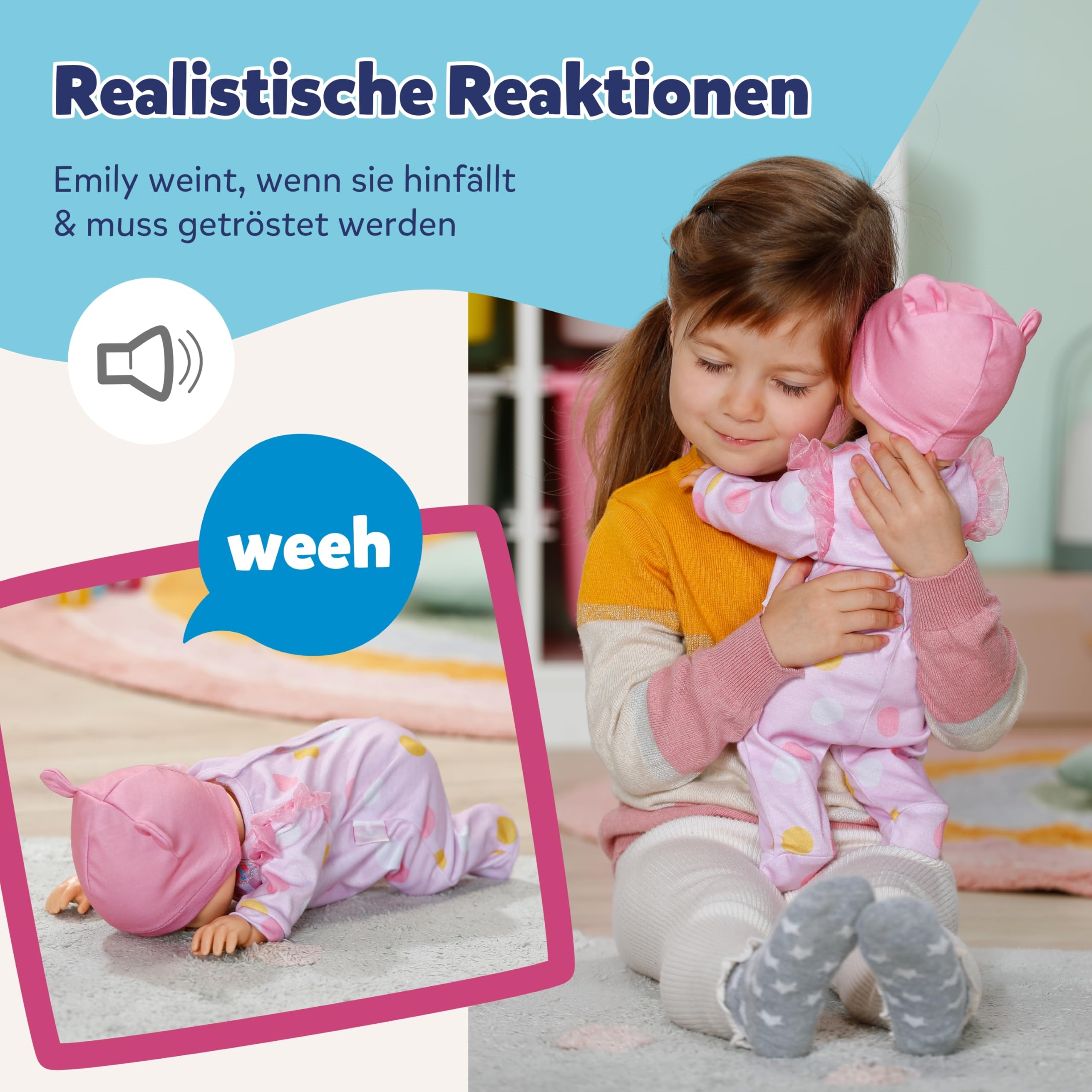 BABY Born Emily Lauf mit Mir - 43 cm Puppe mit elektronischen Funktionen - Krabbel- & Lauflernpuppe mit Soundfunktion - Inkl. rosa Strampler & Mütze - Geeignet für Kinder ab 3 Jahren 4