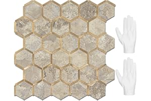 STICKGOO Hexagon Peel and Stick Backsplash Tile, Stick on Backsplash for Kitchen and Bathroom, Stone Beige PVC Mixed Metal Gold Self Adhesive Wall Tiles(10 Sheets, Seamless)