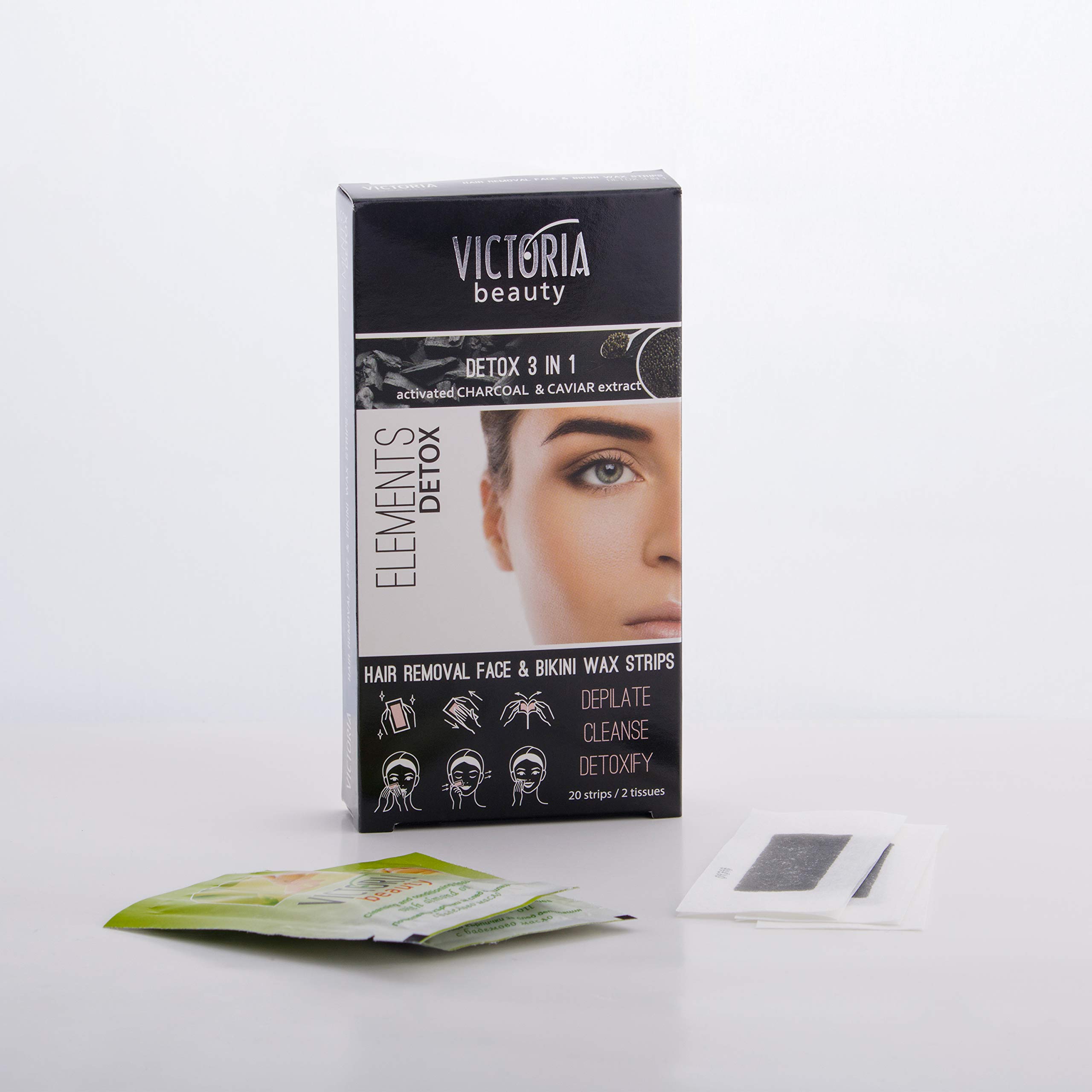 Victoria Beauty Hair Removal Face and Bikini Zone Wax Strips with Activated Charcoal 20 pcs + 2 Wipes