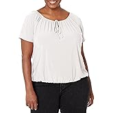 Star Vixen Womens Women's Short/Slit Sleeve Keyhole-tie Peasant Top Bubble Hem