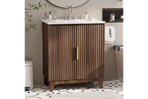 VINGLI 30Inch Walnut Fluted Bathroom Vanity with Ceramic Sink, 2-Door Cabinet, Mid-Century Modern Style, Perfect for Medium to Small Bathrooms