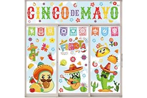 Whaline 9 Sheet Mexican Fiesta Party Window Clings Cinco De Mayo Cactus Guitar Taco Window Decals Double-Sided Cartoon Win dow Decor for Carnival Home School Office Decor