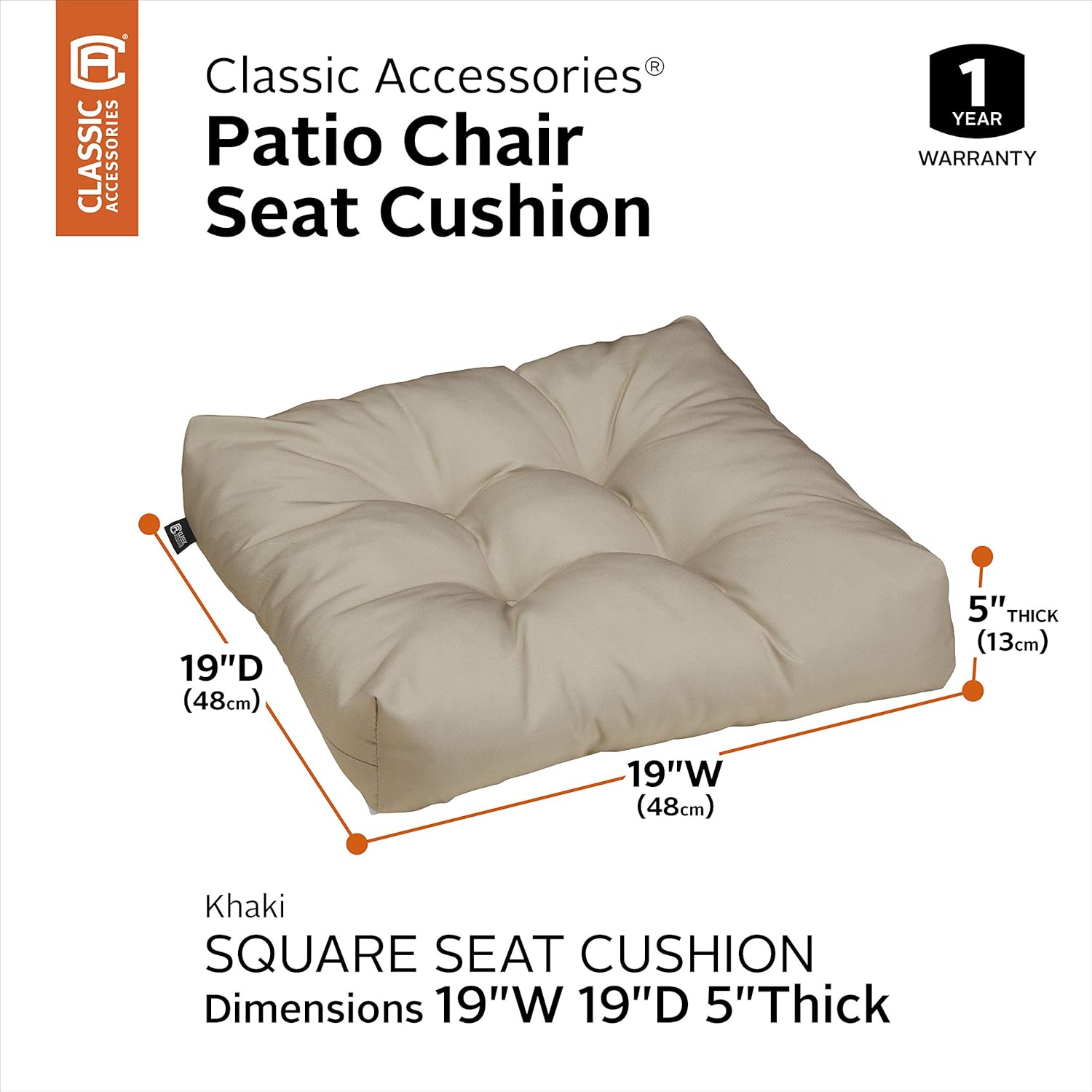 Classic Accessories Water-Resistant 19 x 19 x 5 Inch Square Patio Seat Cushion, Khaki, 2-Pack : Garden & Outdoor