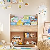 VECELO Wooden Children’s Bookshelf - Kids Book Organizer with 3-Tier Display and 2-Tier Storage Compartments, Easy-to-Access Toddler Bookcase for Playroom, Bedroom, or Nursery - Teak